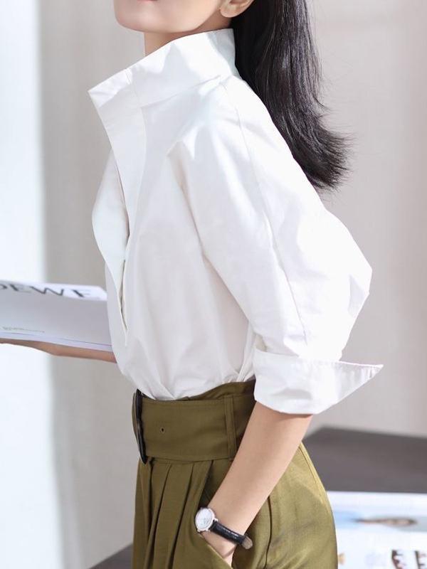 Long Sleeves Loose Solid Color Lapel Collar Blouses&Shirts Tops Product Image