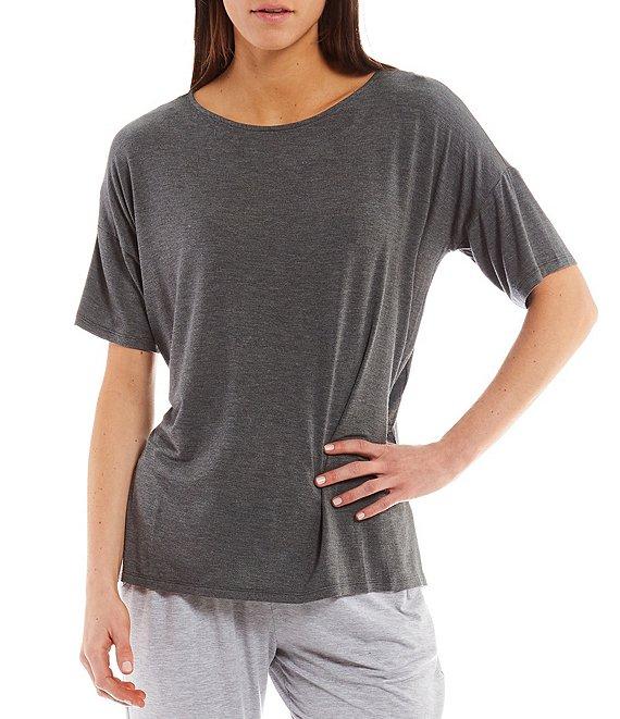 Donna Karan Solid Drop Shoulder Short Sleeve Round Neck Shirt Product Image