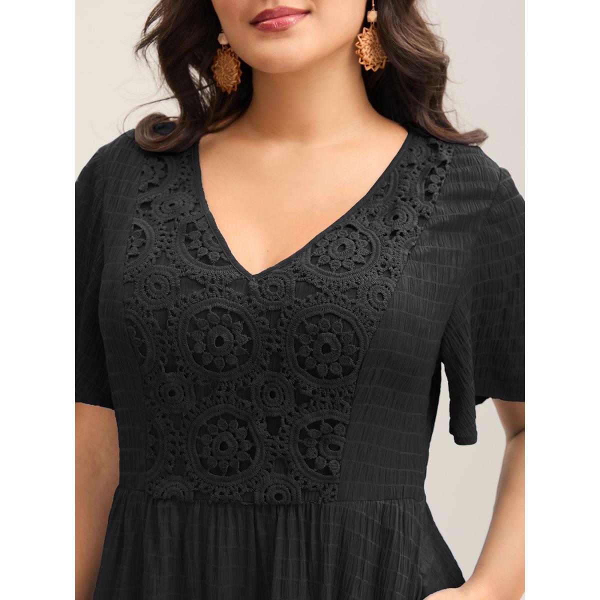 Plus Size Lace Textured Pockets Tiered Midi Dress Black Women V-neck Short sleeve Curvy BloomChic 12/L Product Image