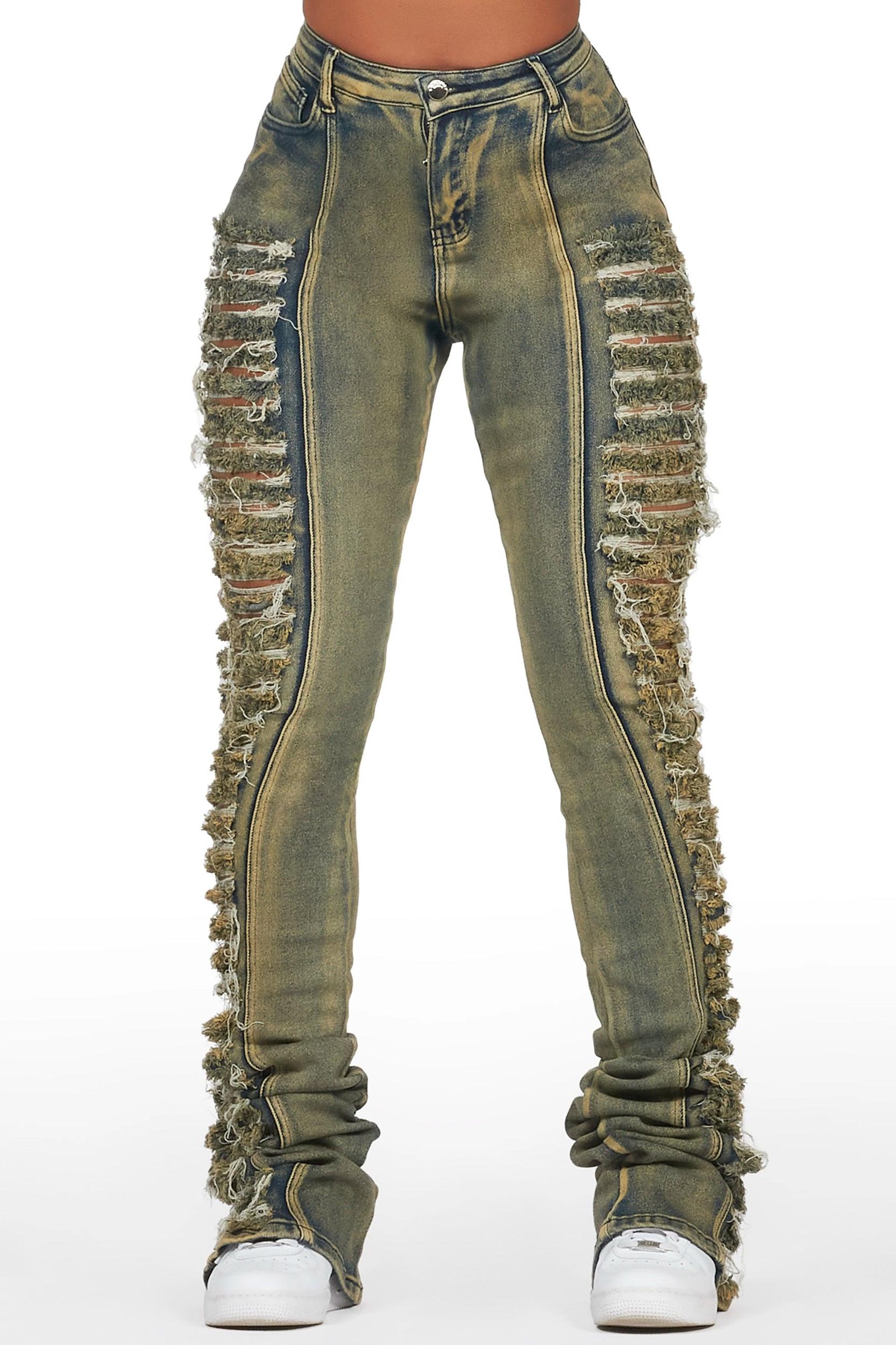 Erielle Tinted Dark Wash Mega Distressed Super Stacked Jean Female Product Image