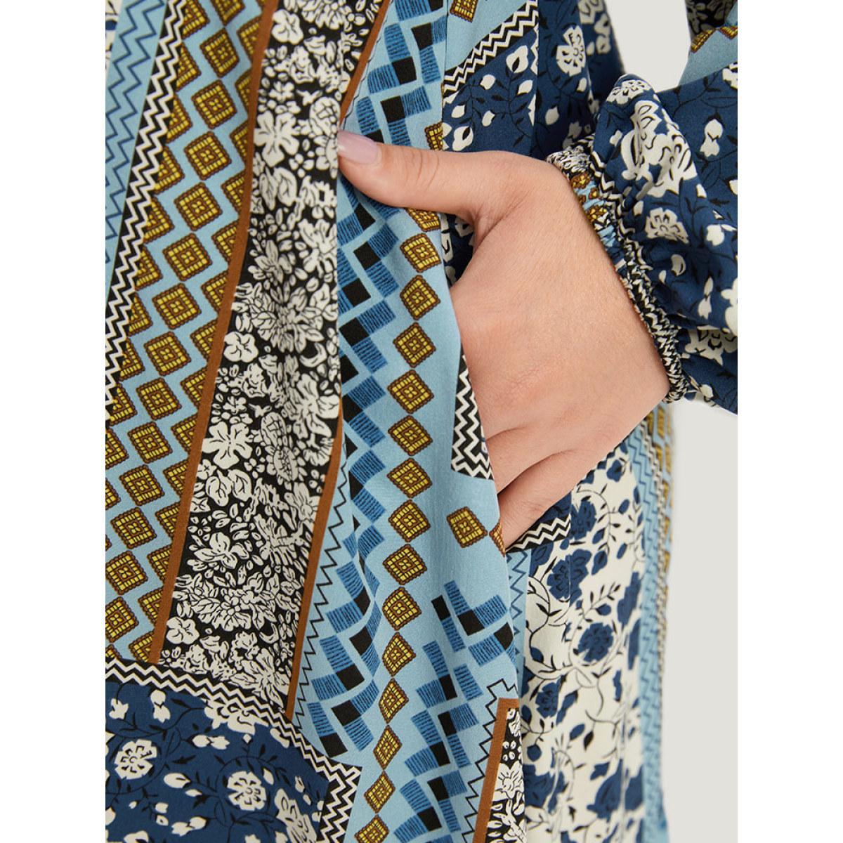 Plus Size Bandana Print Patchwork Ties Pocket Lantern Sleeve Dress Stone Women Vacation Elastic cuffs Square Neck Long Sleeve Curvy Midi Dress BloomChic 12/L Product Image