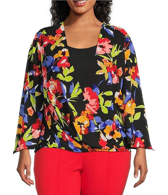 Slim Factor by Investments Plus Size Spring Bloom Print 3/4 Flare Sleeve Scoop Neck Crossover Top Product Image