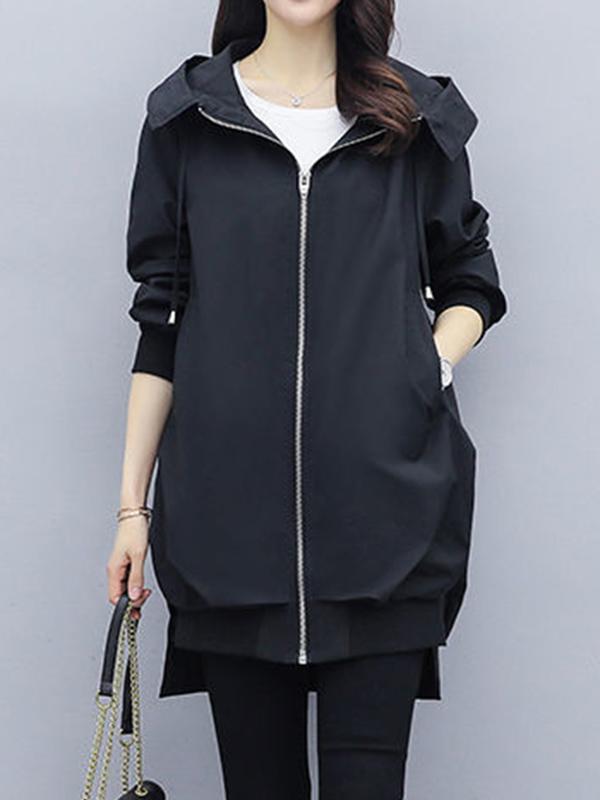 Casual Loose 4 Colors Pleated Zipper Hooded Long Sleeves Outwear Product Image
