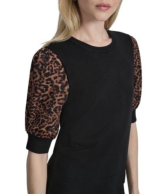 DKNY by Donna Karan Mix Media Cheetah Puff Sleeve Top Product Image