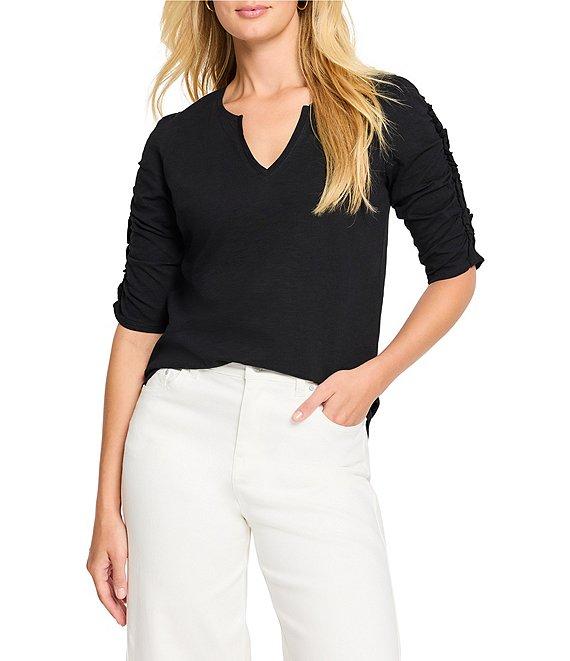 NIC + ZOE Cotton Knit Slub Split V-Neck Short Ruched Sleeve Tee Shirt Product Image
