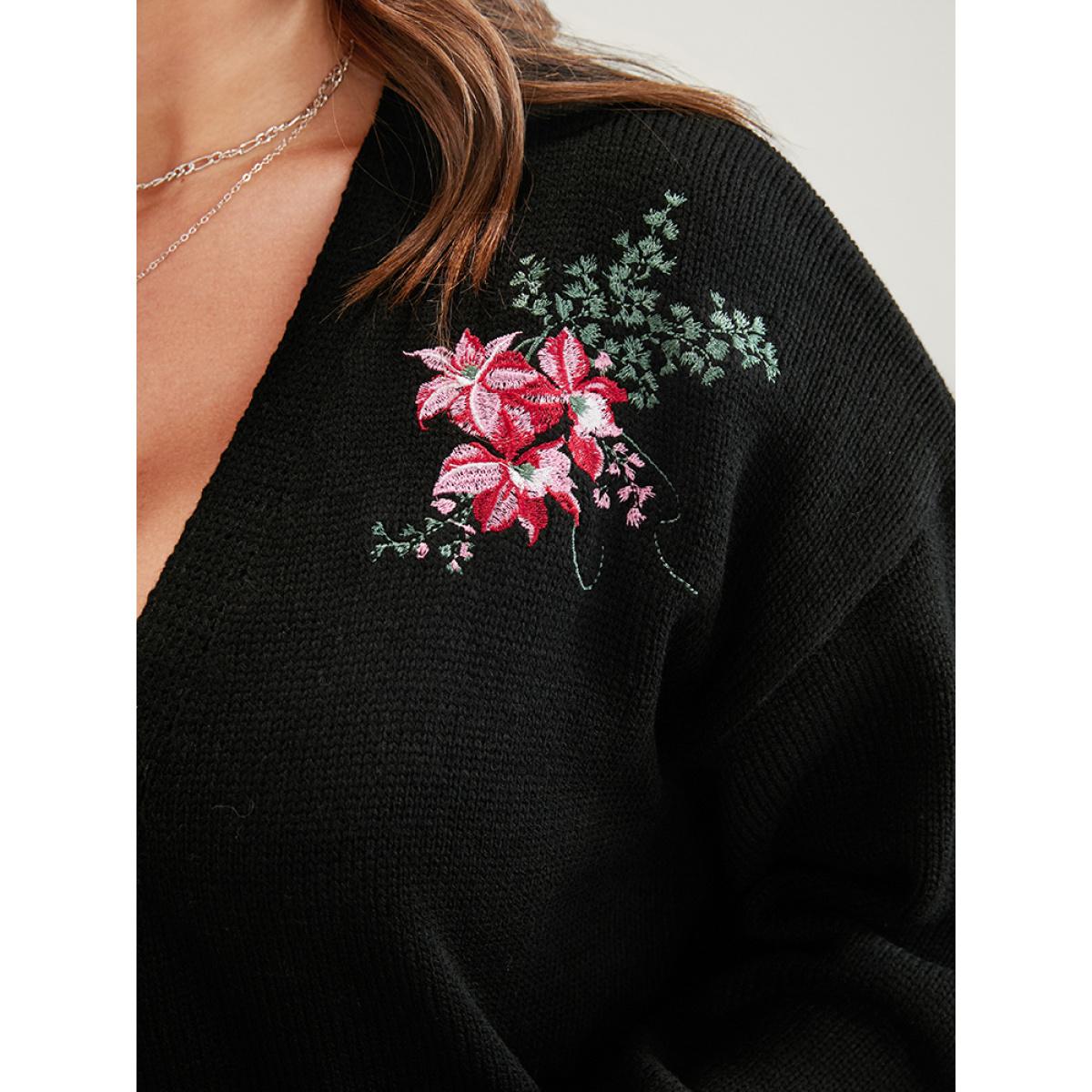 Plus Size Floral Embroidered Pointelle Knit Pocket Button Front Cardigan Black Women Elegant Long Sleeve Dailywear Cardigans BloomChic 18-20/2X Product Image