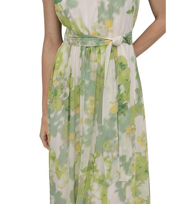 DKNY by Donna Karan Chiffon Floral Print Halter Neck Sleeveless Waist Tie Blouson Midi Dress Product Image