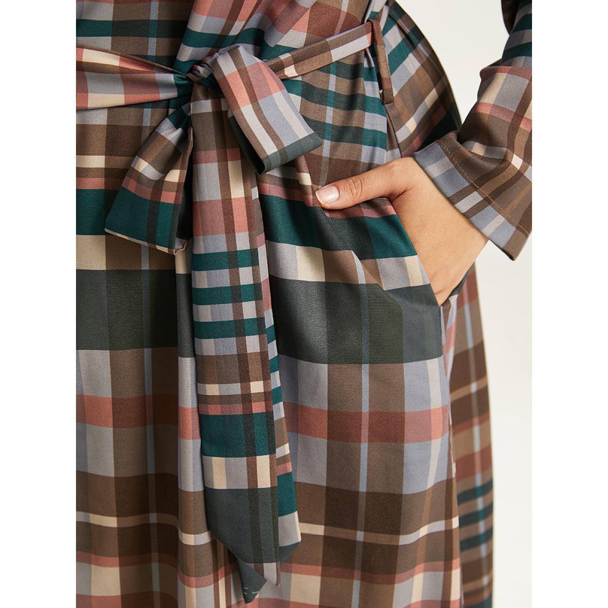 Plus Size Plaid Button Through Patched Pocket Dress Black Women Casual Belted Notched collar Long Sleeve Curvy Midi Dress BloomChic 12/L Product Image