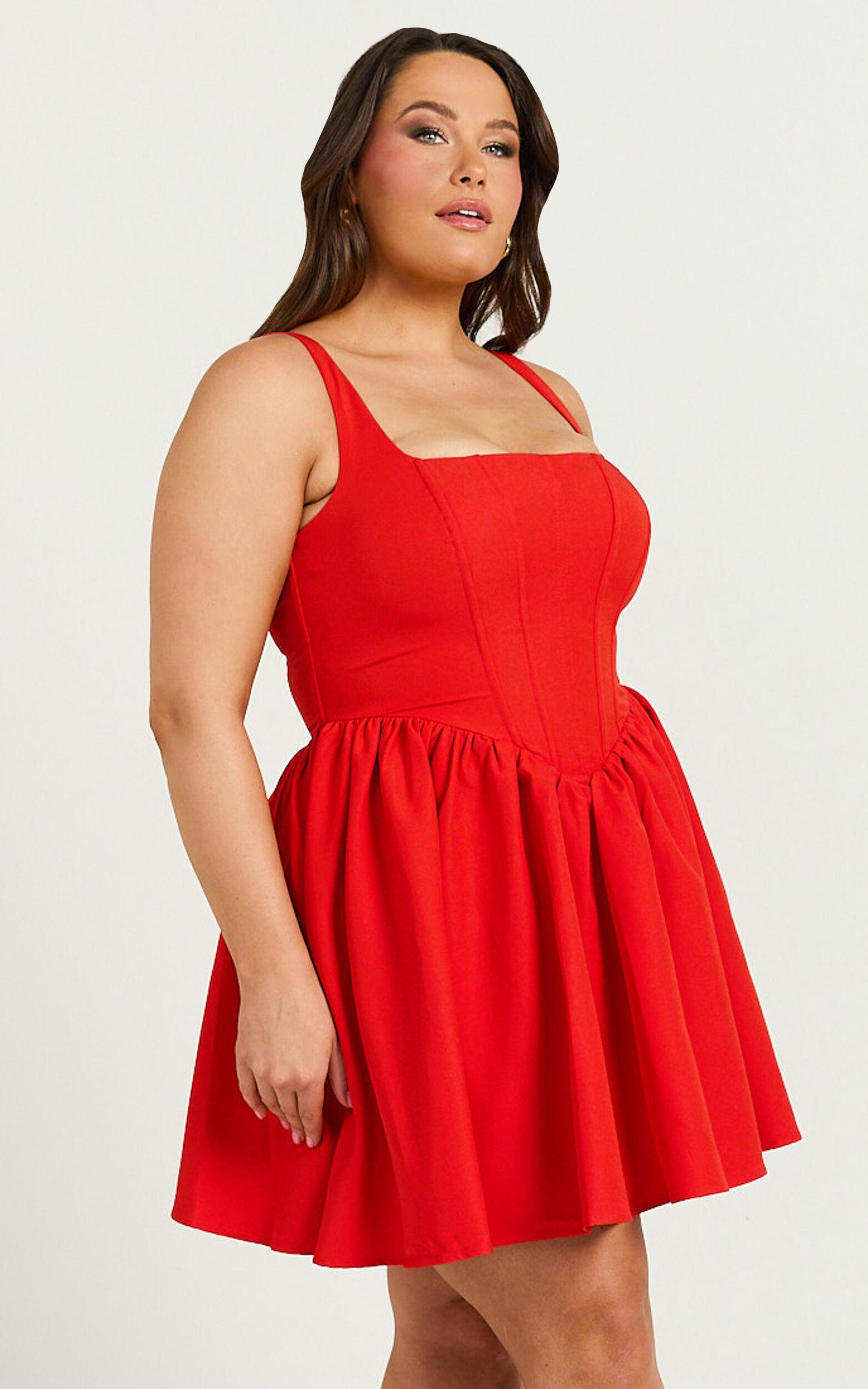 Aimee Mini Dress - Scoop Neck Corset Gathered Dress in Red Product Image