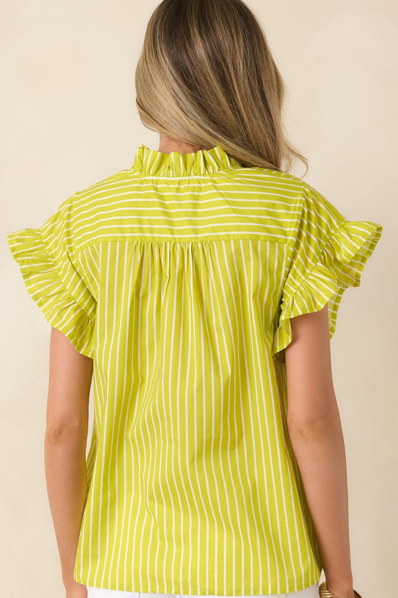 Say Less Chartreuse Stripe Cotton Ruffle Trim Blouse Product Image