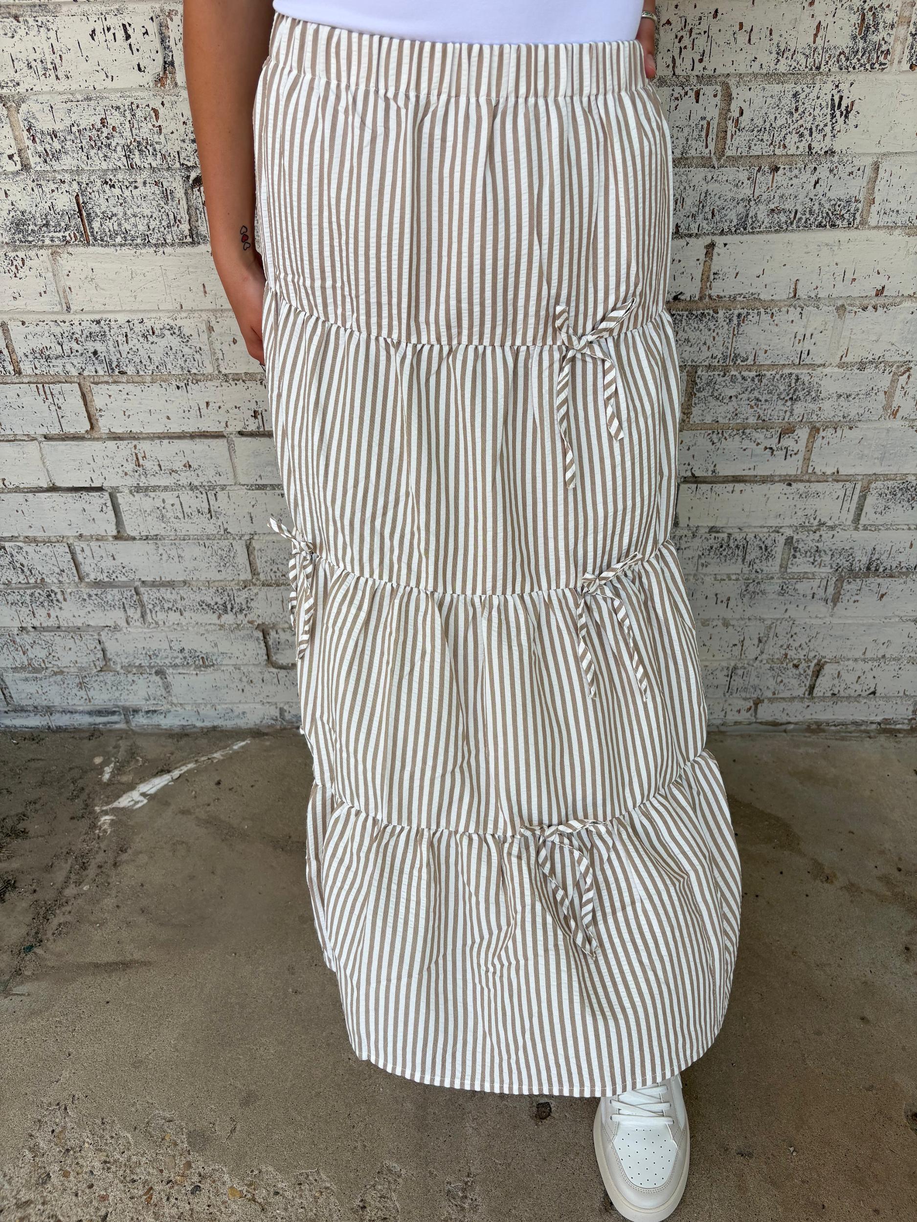 Bow Tie Tiered Taupe Stripe Maxi Skirt* Product Image