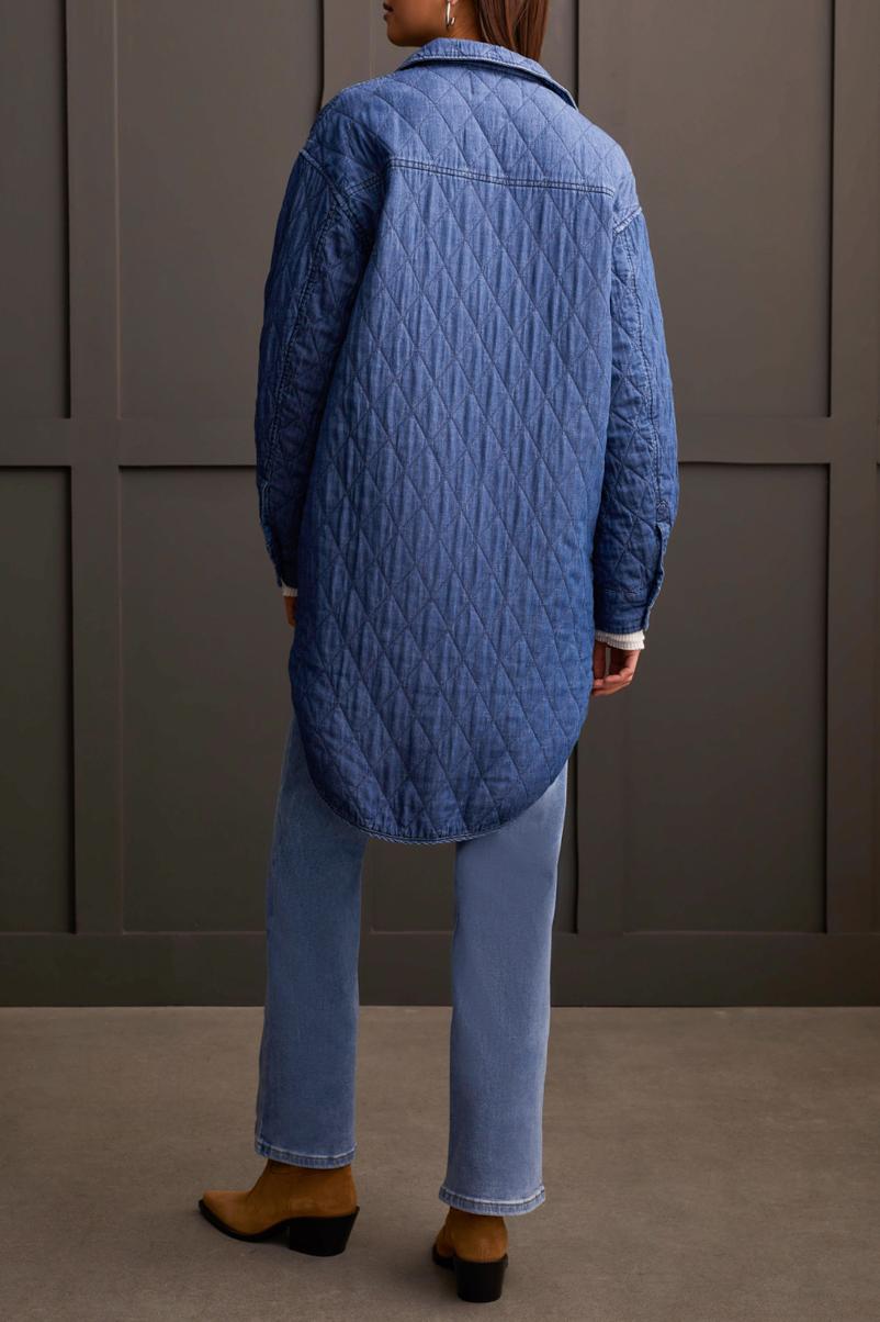Button Front Long Quilted Jacket - Blue Chambray Product Image
