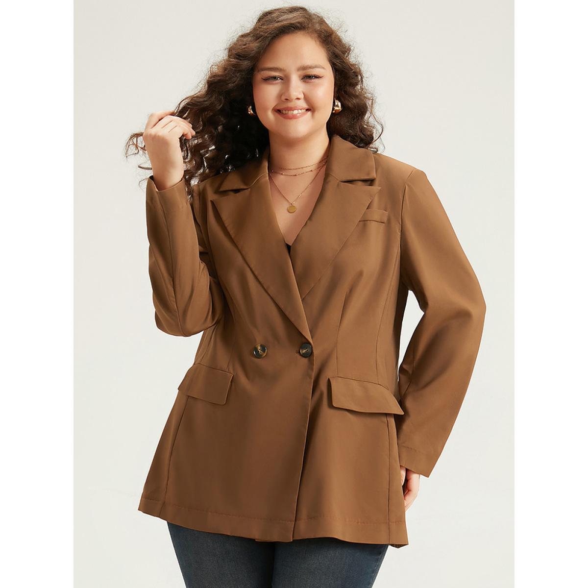 Plus Size Suit Collar Button Up Pocket Blazer DarkBrown Women Dailywear Plain Plain Sleeve Long Sleeve Suit Collar 10/M Pocket Casual Blazers BloomChic Product Image