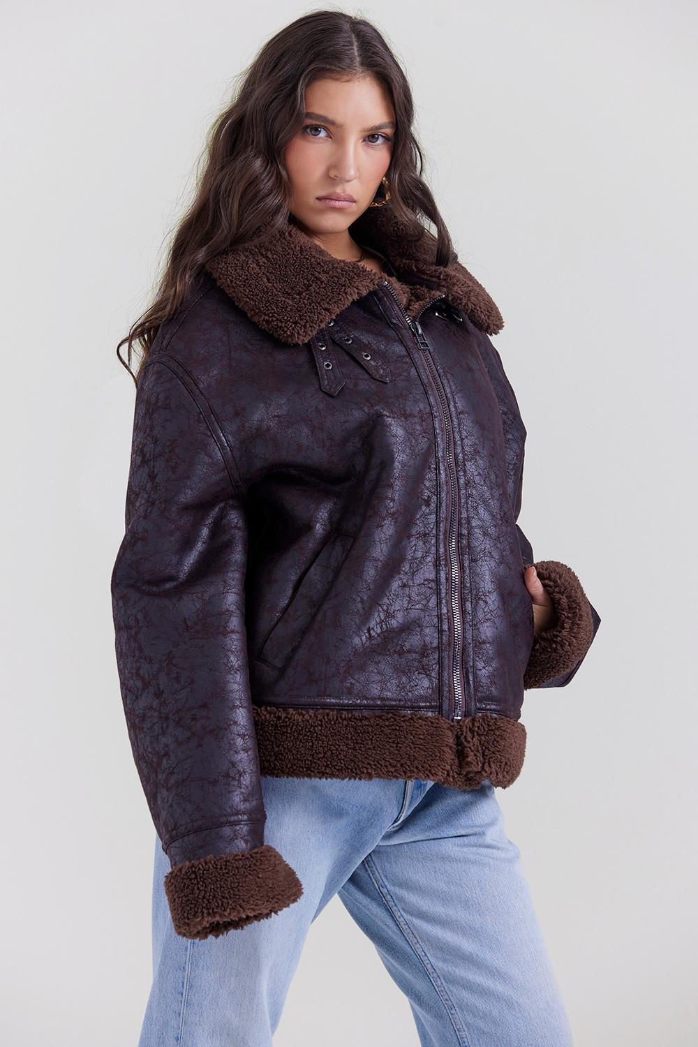 Madden  brown vegan shearling aviator jacket - sale Product Image
