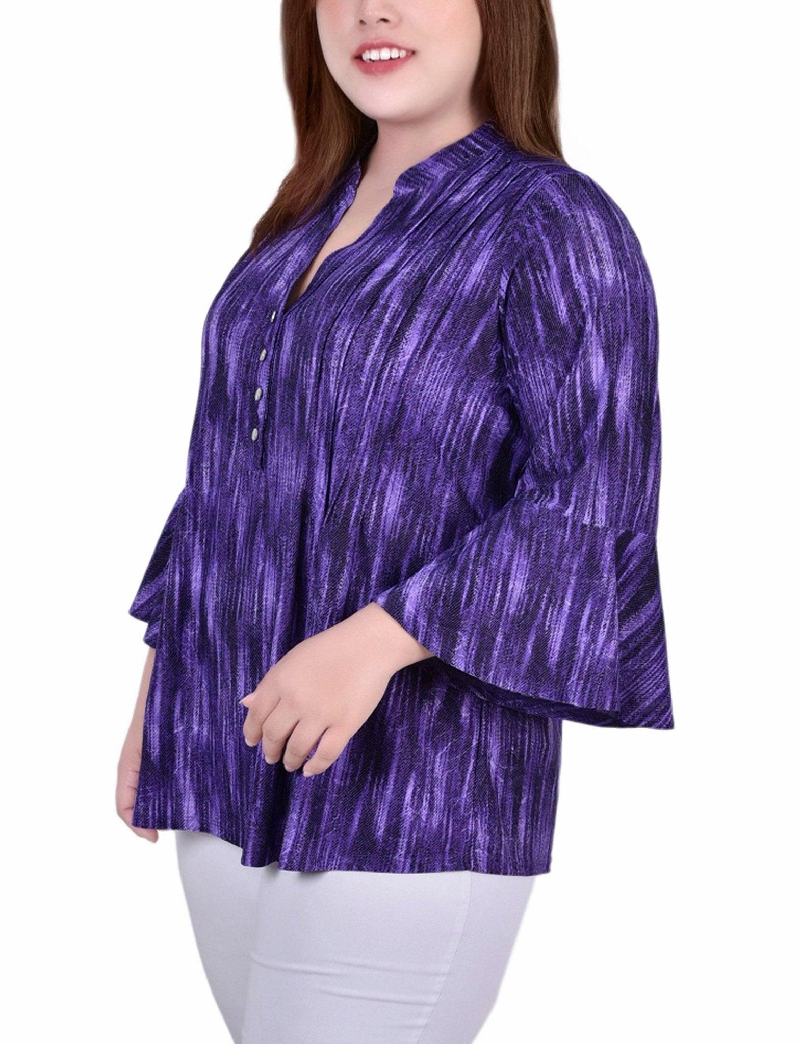 Purple Stripe 3/4 Bell Sleeve Pleat Front Y Neck Top - Plus Product Image