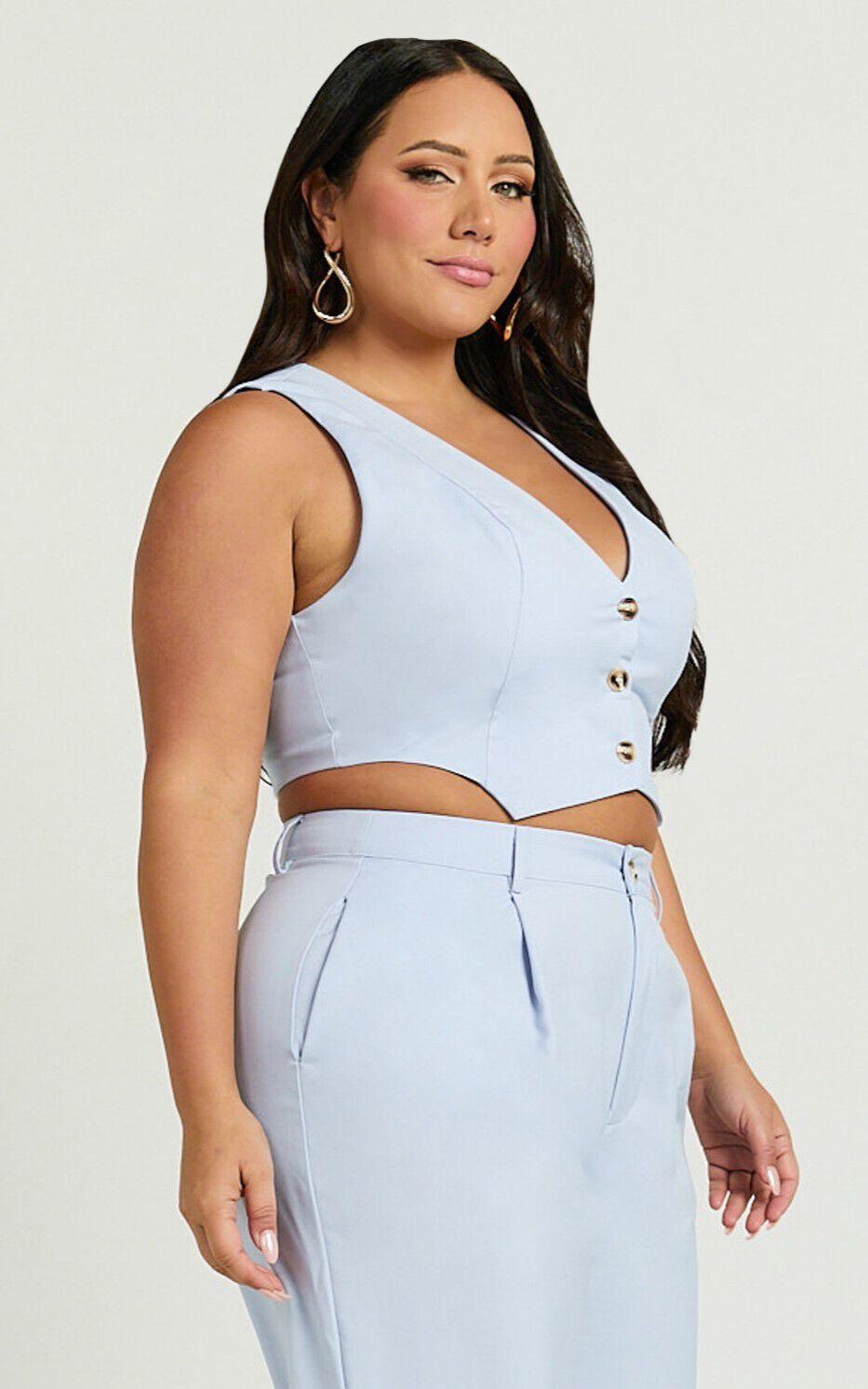Izara Vest - V Neck Button Up Cropped Vest in Light Blue Product Image