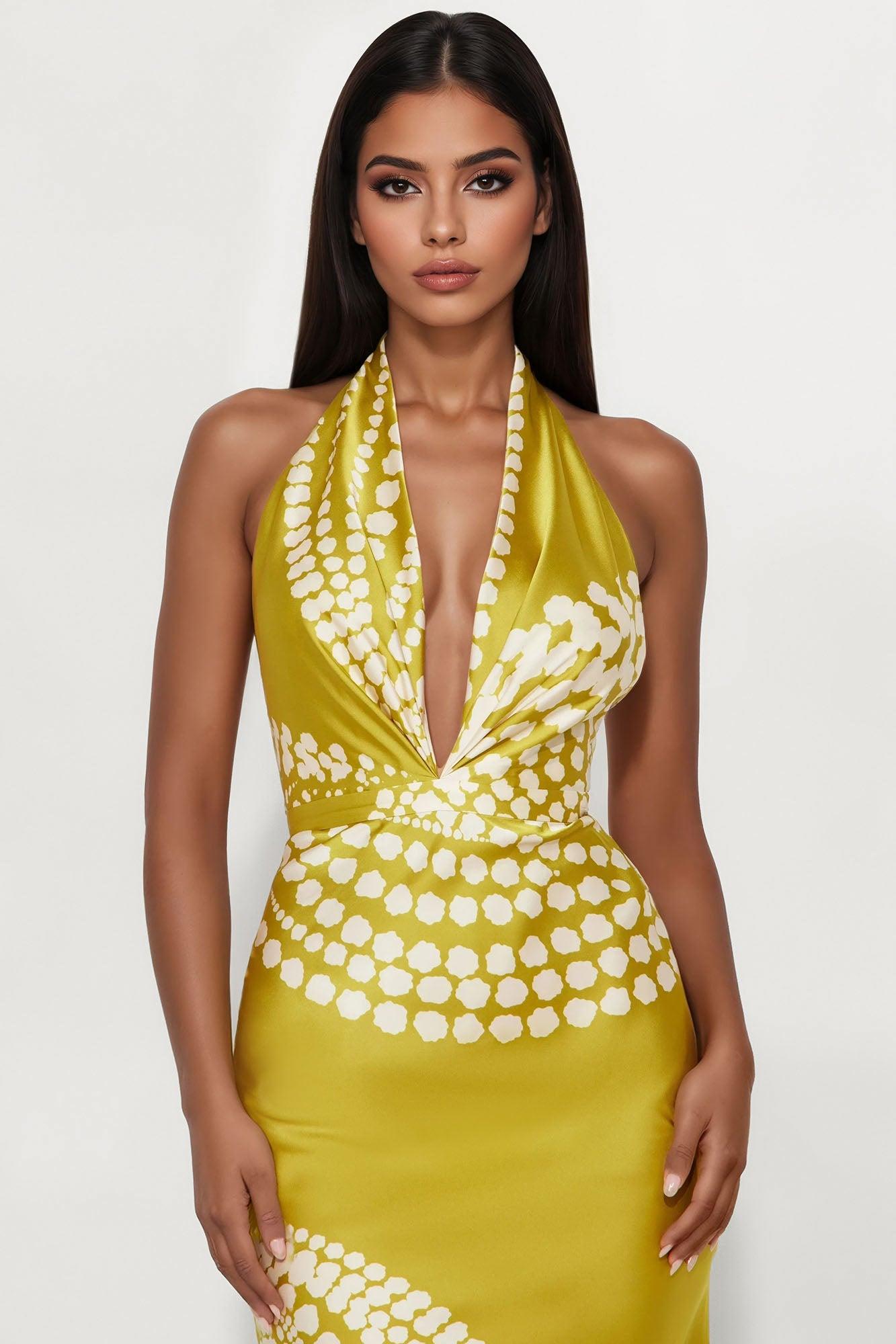 Sicily Summer Satin Maxi Dress - Chartreuse Female Product Image