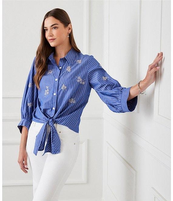Karen Kane Floral Embroidered Pinstripe Point Collar 3/4 Blouson Sleeve Tie Front Top Product Image