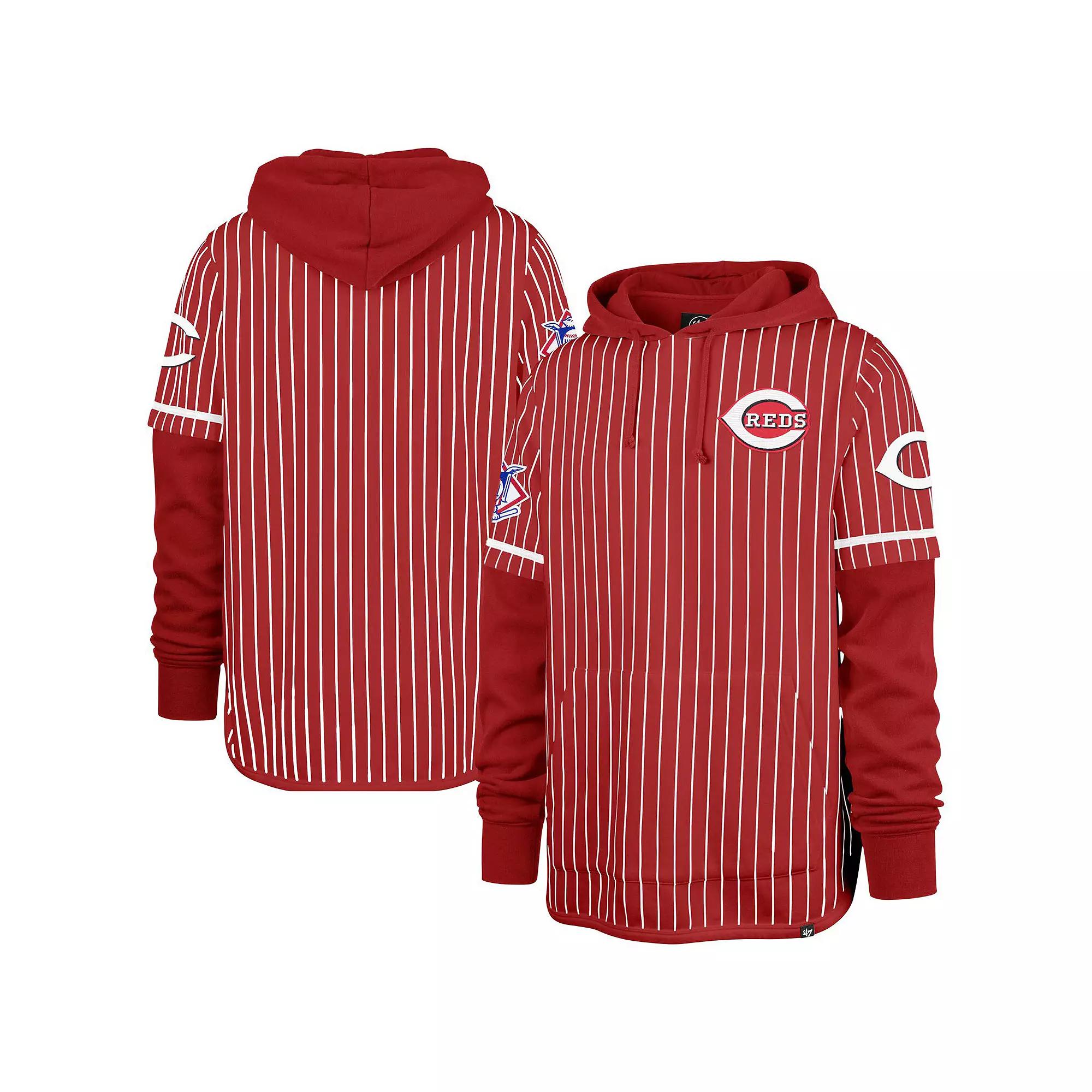Men's '47 Red Cincinnati Reds Pinstripe Double Header Pullover Hoodie,  Product Image