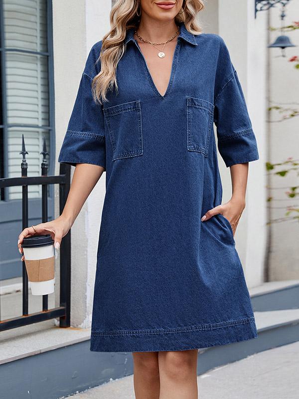 A-line Loose Pockets Solid Color Lapel Mini Dresses Product Image