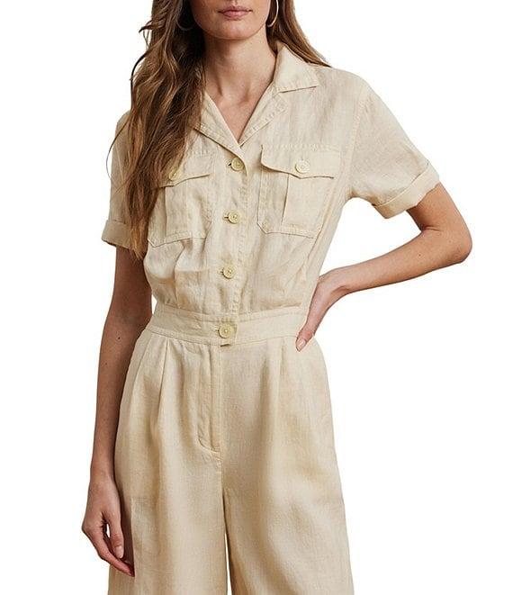 Lauren Ralph Lauren Linen Notch Collar Short Sleeve Embroidered Wide-Leg Jumpsuit Product Image