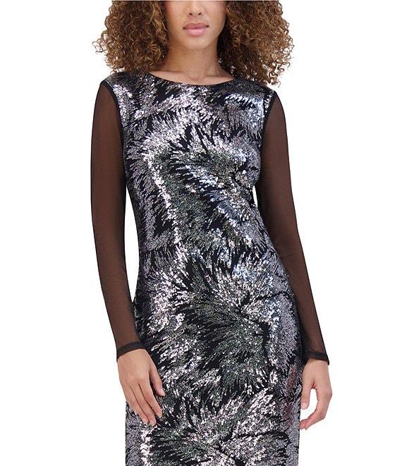 Kensie Sequin Mesh Boat Neck Long Illusion Sleeve Sheath Dress Product Image
