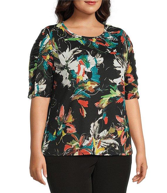 Investments Plus Size Knit Floral Garden Gestures Elbow Length Sleeve Crew Neck Top Product Image