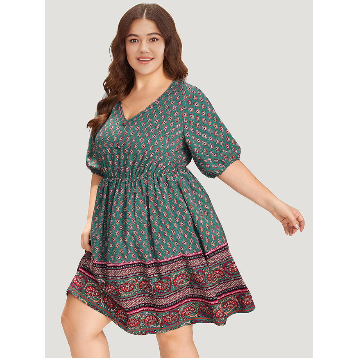 Plus Size Boho Print V Neck Pocket Lantern Sleeve Dress Teal Women Vacation Patchwork V-neck Half Sleeve Curvy Knee Dress BloomChic 30/6X Product Image