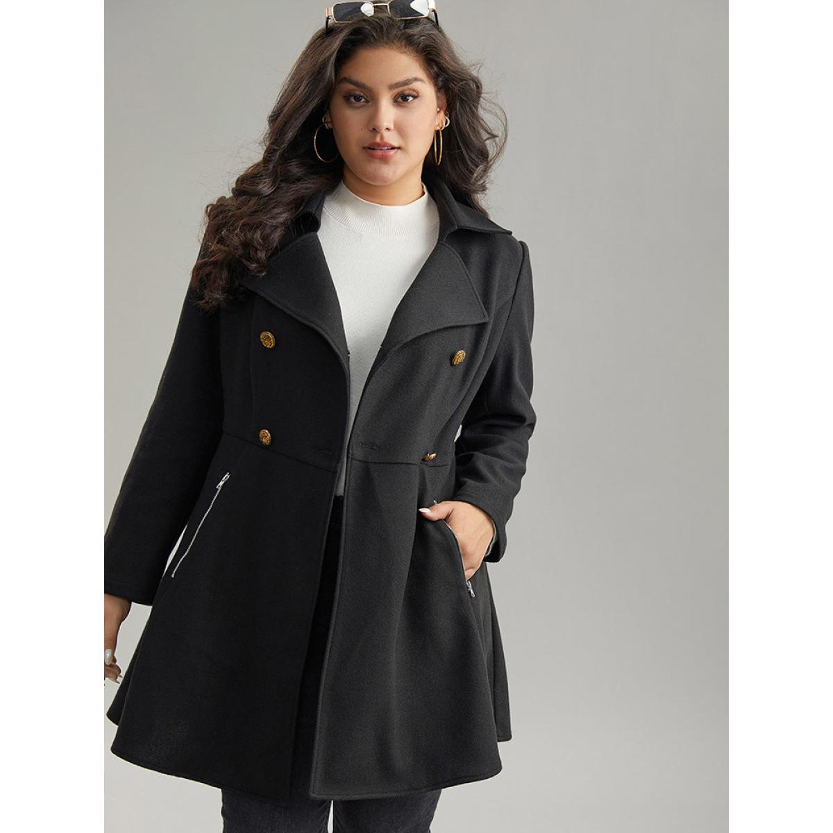 Plus Size Lapel Collar Metal Detail Zipper Pocket Coat Women Black Casual Plain Ladies Dailywear Winter Coats BloomChic 14-16/1X Product Image
