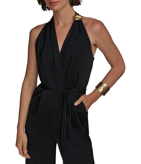 Donna Karan Halter V-Neck Sleeveless Tie Sash Jumpsuit Product Image