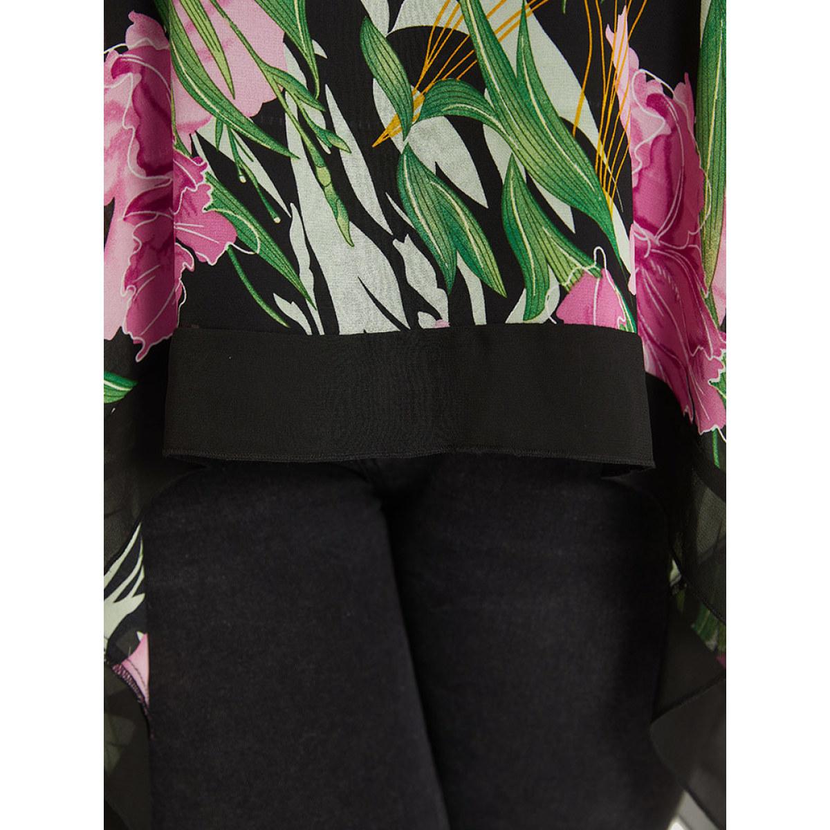 Plus Size Multicolor Floral Ties Batwing Sleeve Hanky Hem Layered Blouse Women Glamour Elbow-length sleeve Tie Neck Going out Blouses BloomChic 10/M Product Image