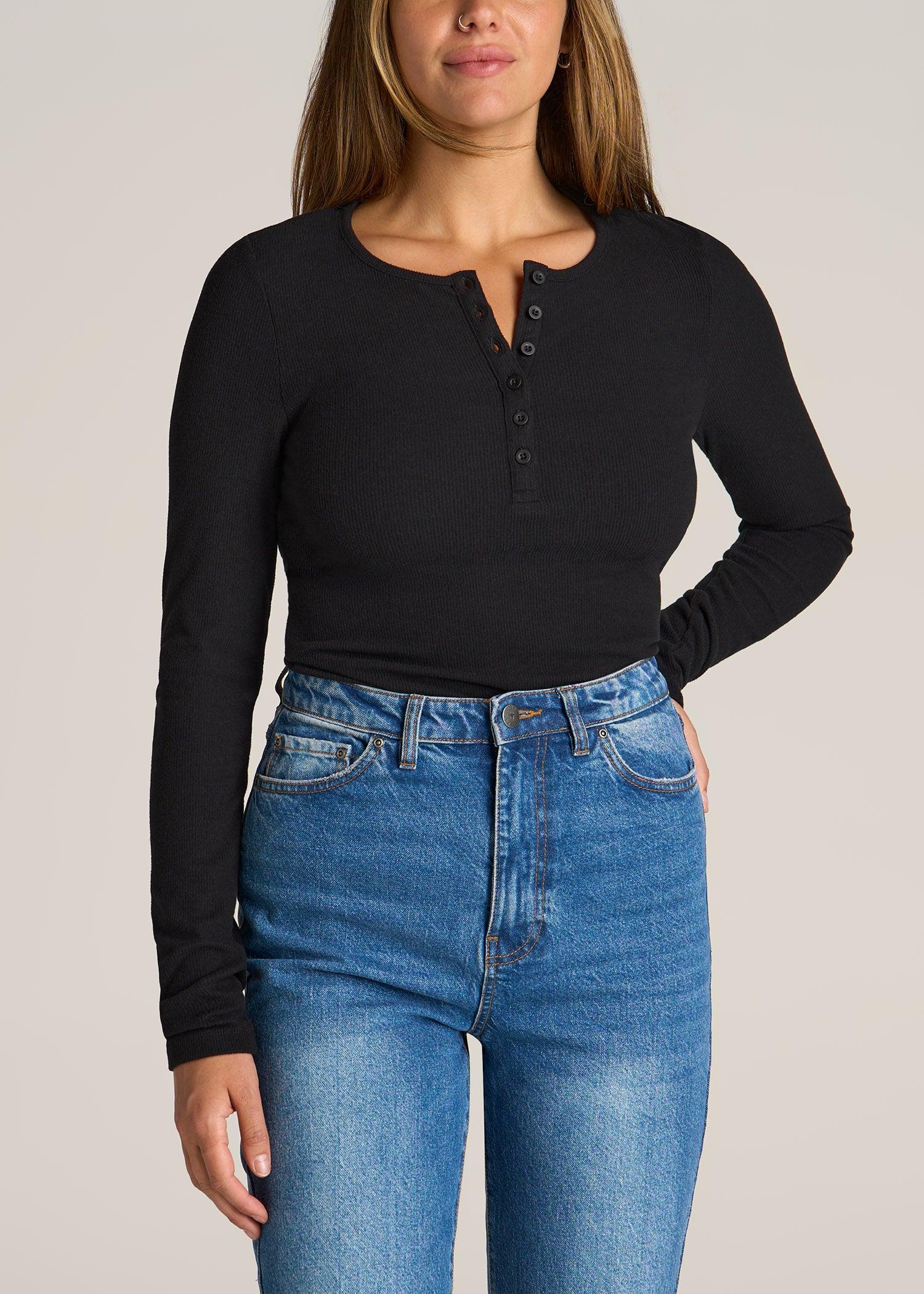 Long Sleeve Ribbed Crewneck Henley Shirt for Tall Women in Black Female Product Image