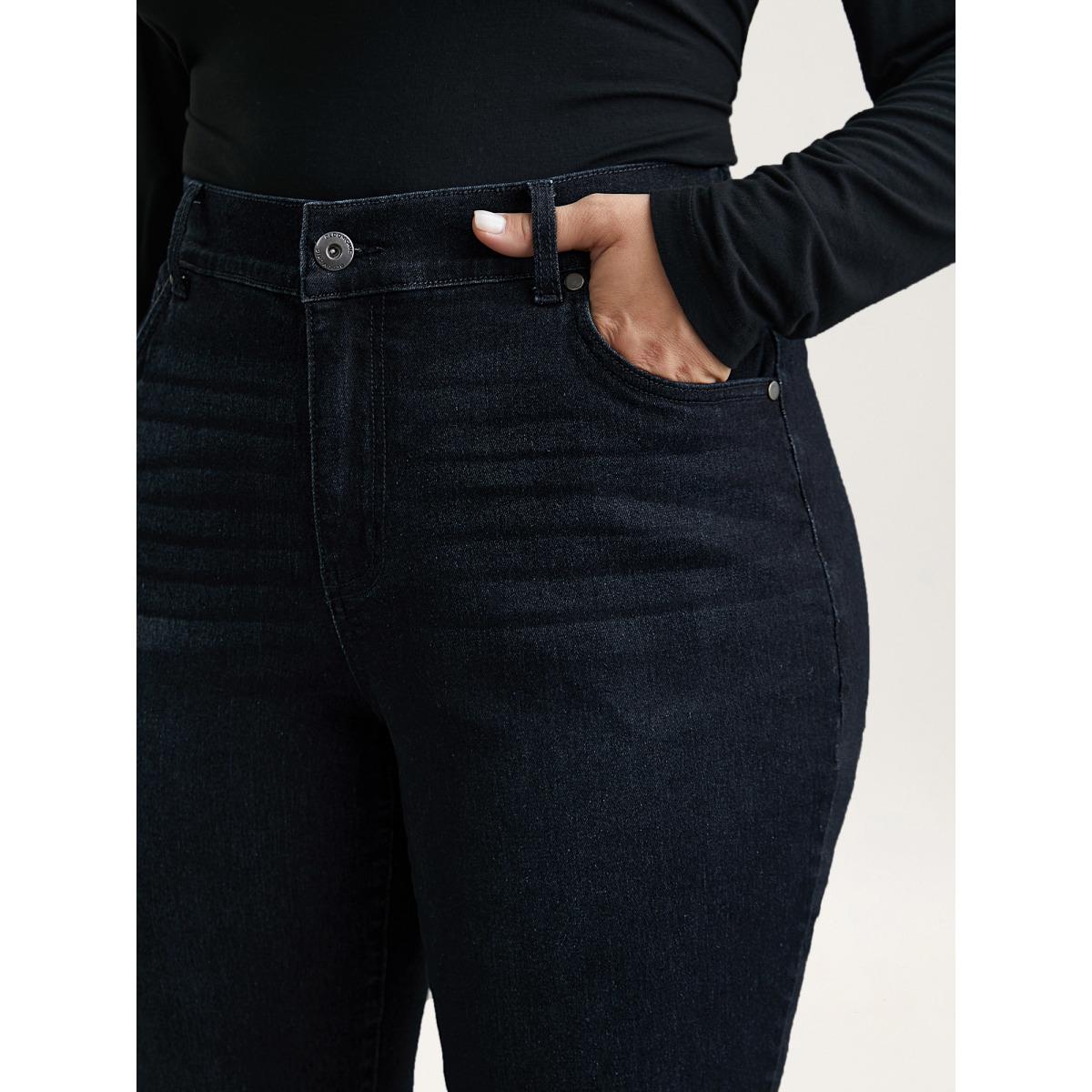 Plus Size Whiskered Mid-Rise Skinny-Fit Jeans Women Denimcharcoal Elegant Button Medium stretch Slanted pocket Jeans BloomChic 20/2X Product Image