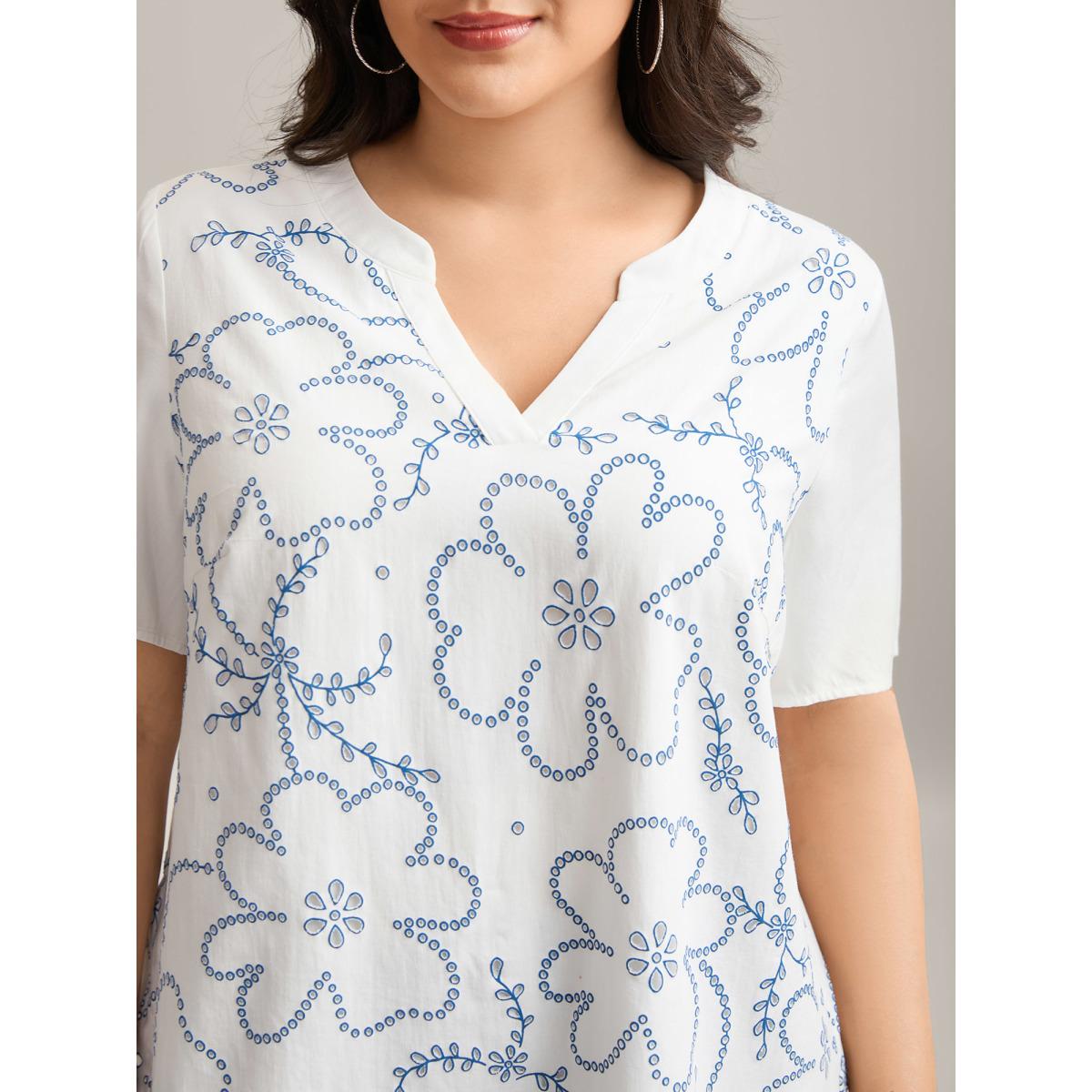 Plus Size WhiteSmoke Large Floral Print Split Neck Blouse Women Short sleeve Flat collar with V-notch Vacation Blouses BloomChic 18-20/2X Product Image