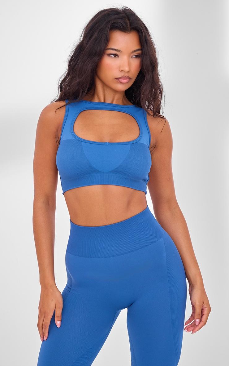 PLT SPORT Steel Blue Seamless Contrast Rib Cage Back Sports Bra Product Image