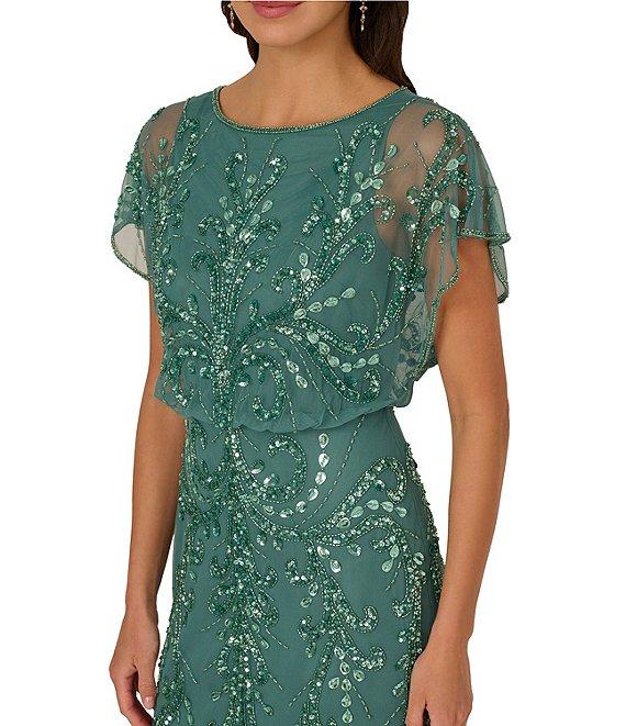 Adrianna Papell Beaded Mesh Boat Neck Flutter Sleeve Blouson Dress Product Image