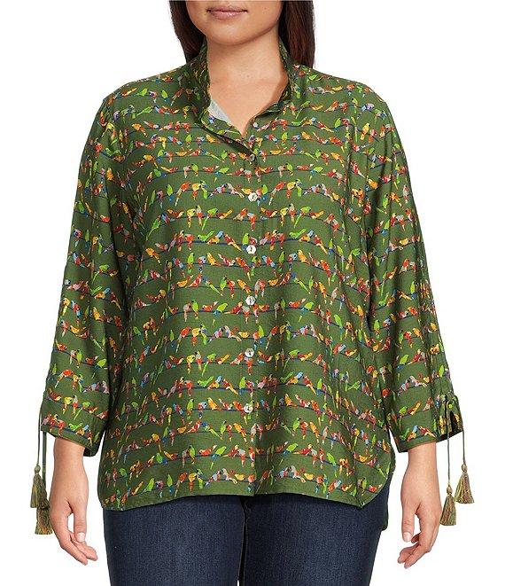 John Mark Plus Size Woven Parrot Print Wire Collar 3/4 Cinched Tie Sleeve Hi Low Hem Button Front Tunic Product Image