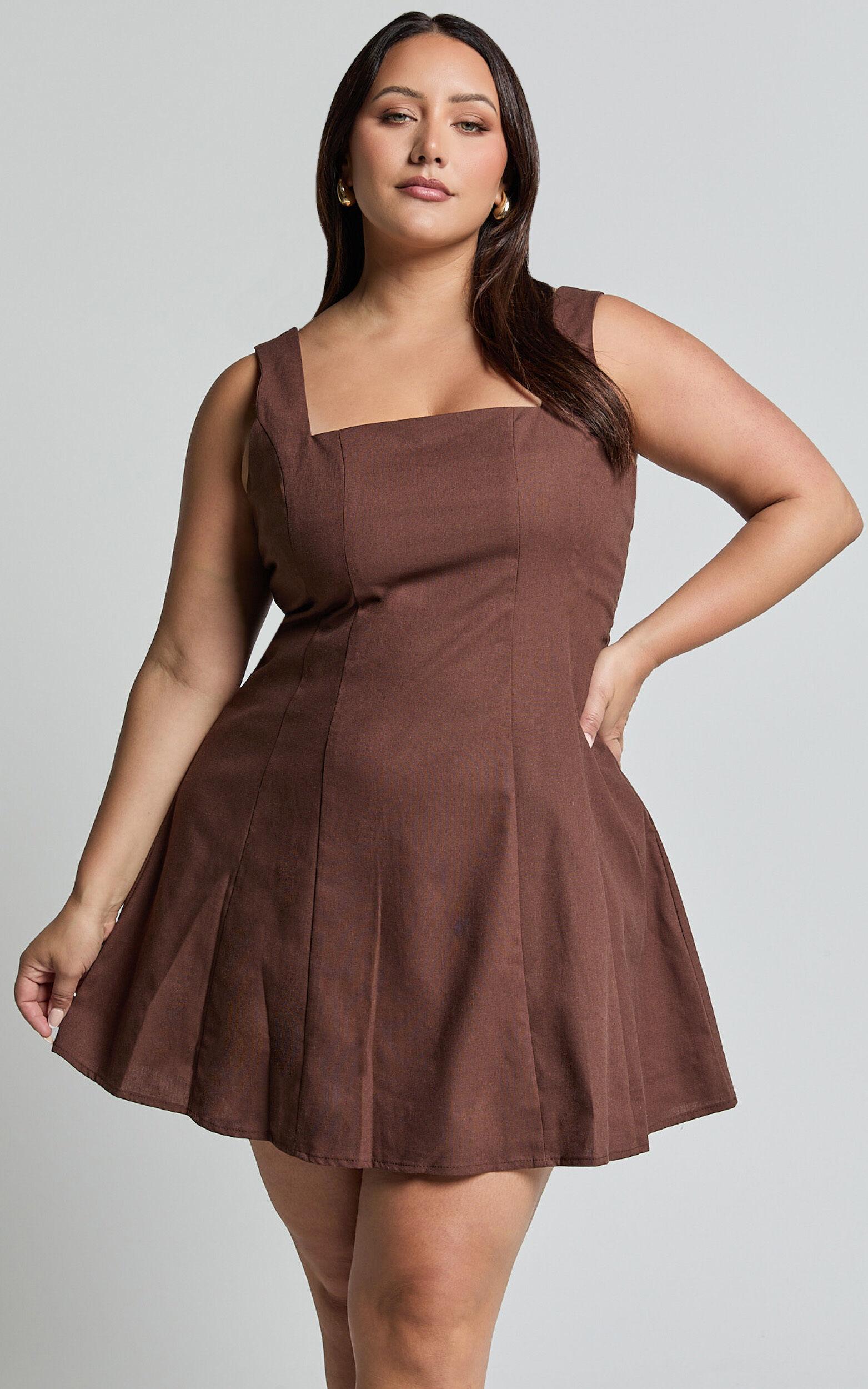 Adiana Mini Dress - Linen Square Neck Shirred Back A Line Dress in Chocolate Product Image