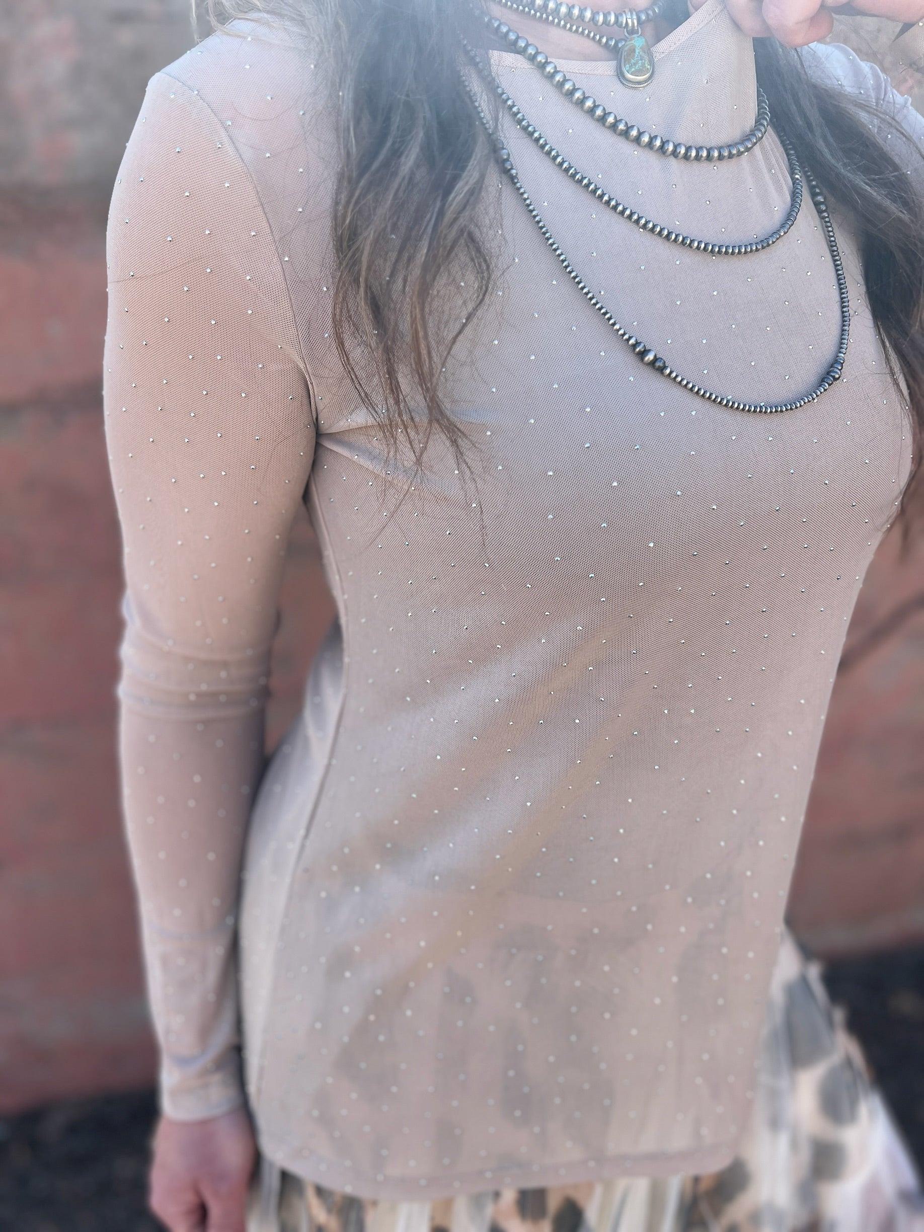 Origami Taupe Rhinestone Mesh Long Length Loose Fitting Top Product Image