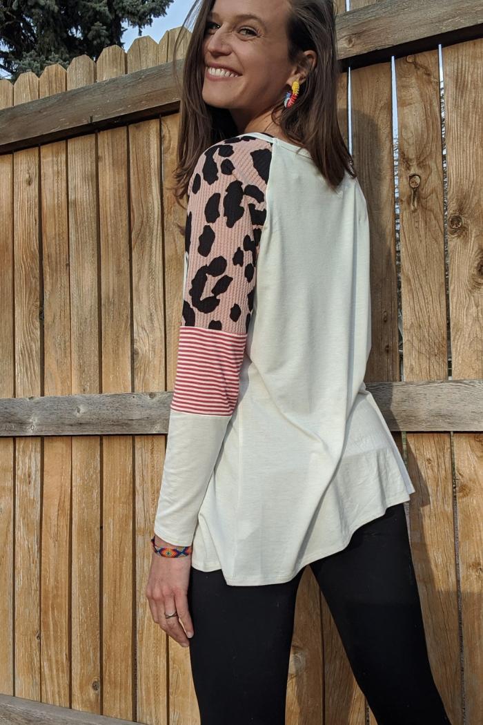 Long sleeve leopard color block Product Image