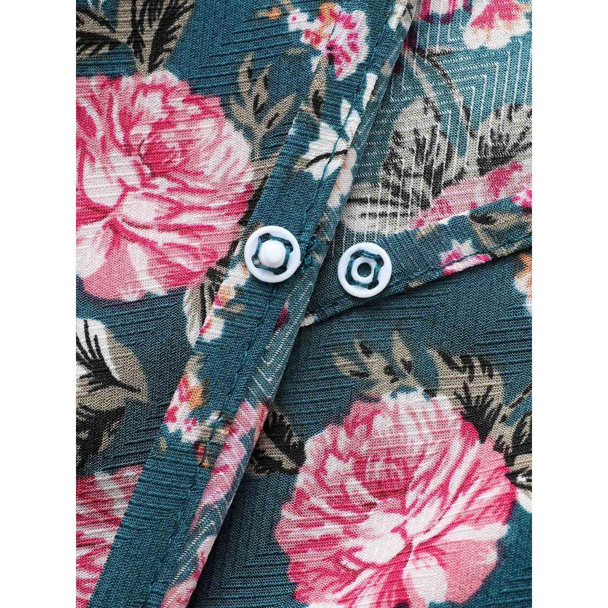 Plus Size Floral Overlap Collar Gathered Dress Aegean Women Elegant Shirred Overlap Collar Long Sleeve Curvy BloomChic 26/4X Product Image