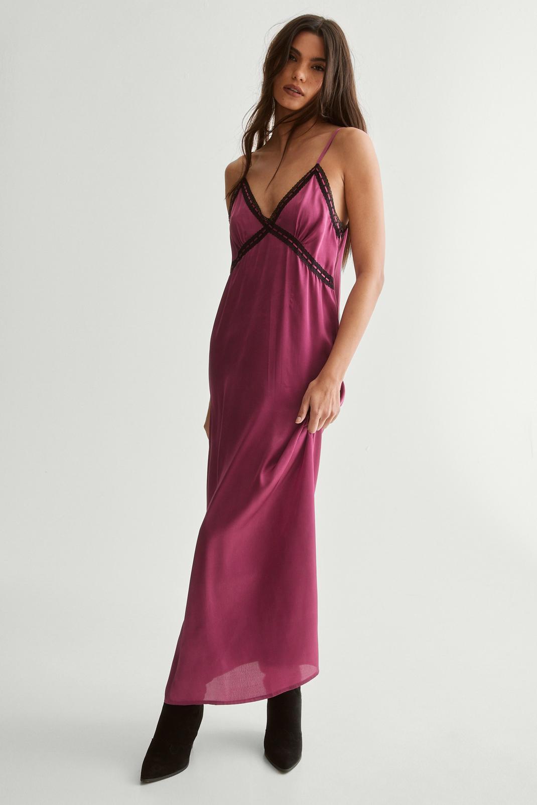 Satin Ribbon Lace Trim Maxi Slip Dress Product Image