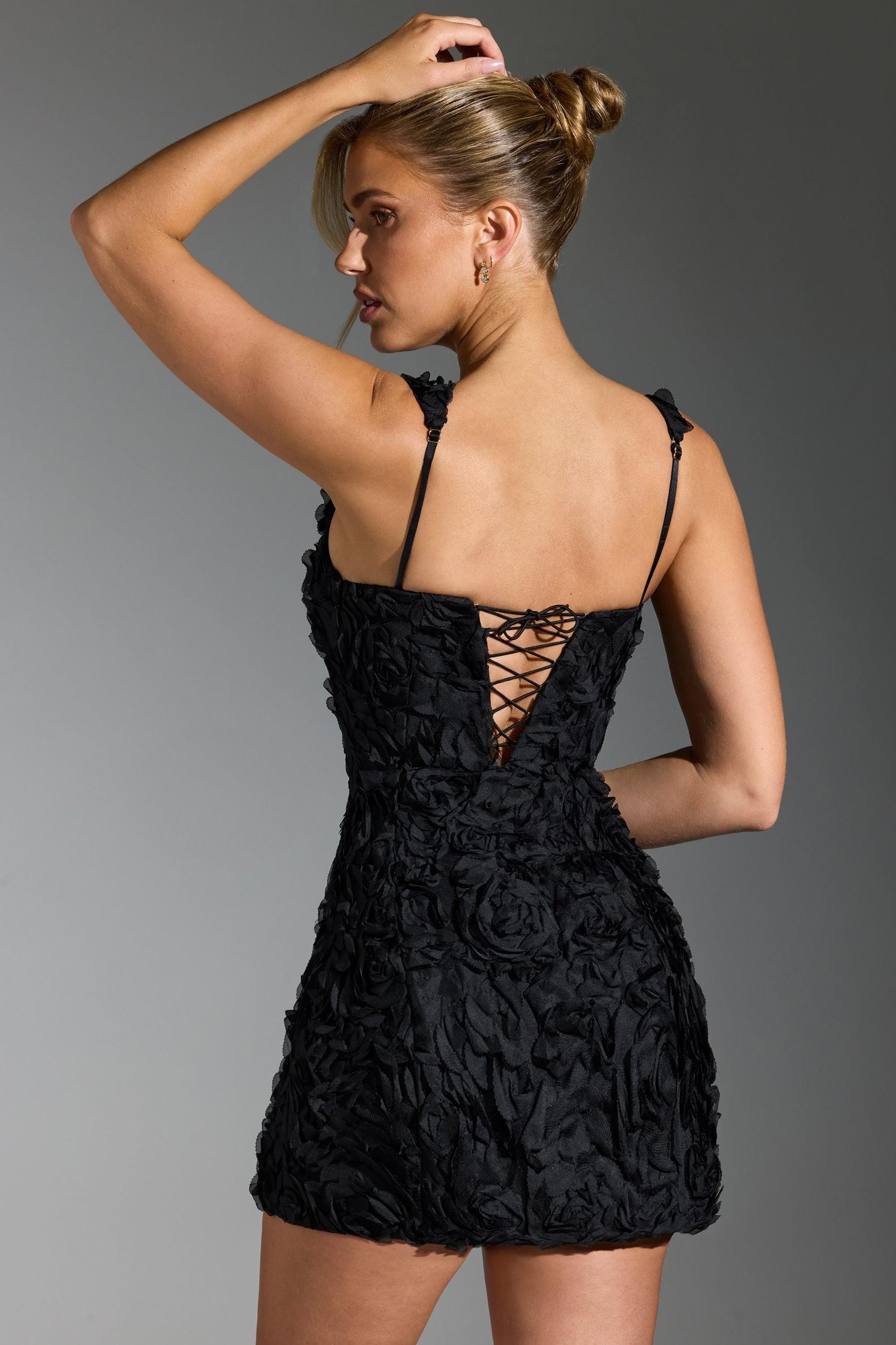 Floral-Appliqué Corset Mini Dress in Black Product Image