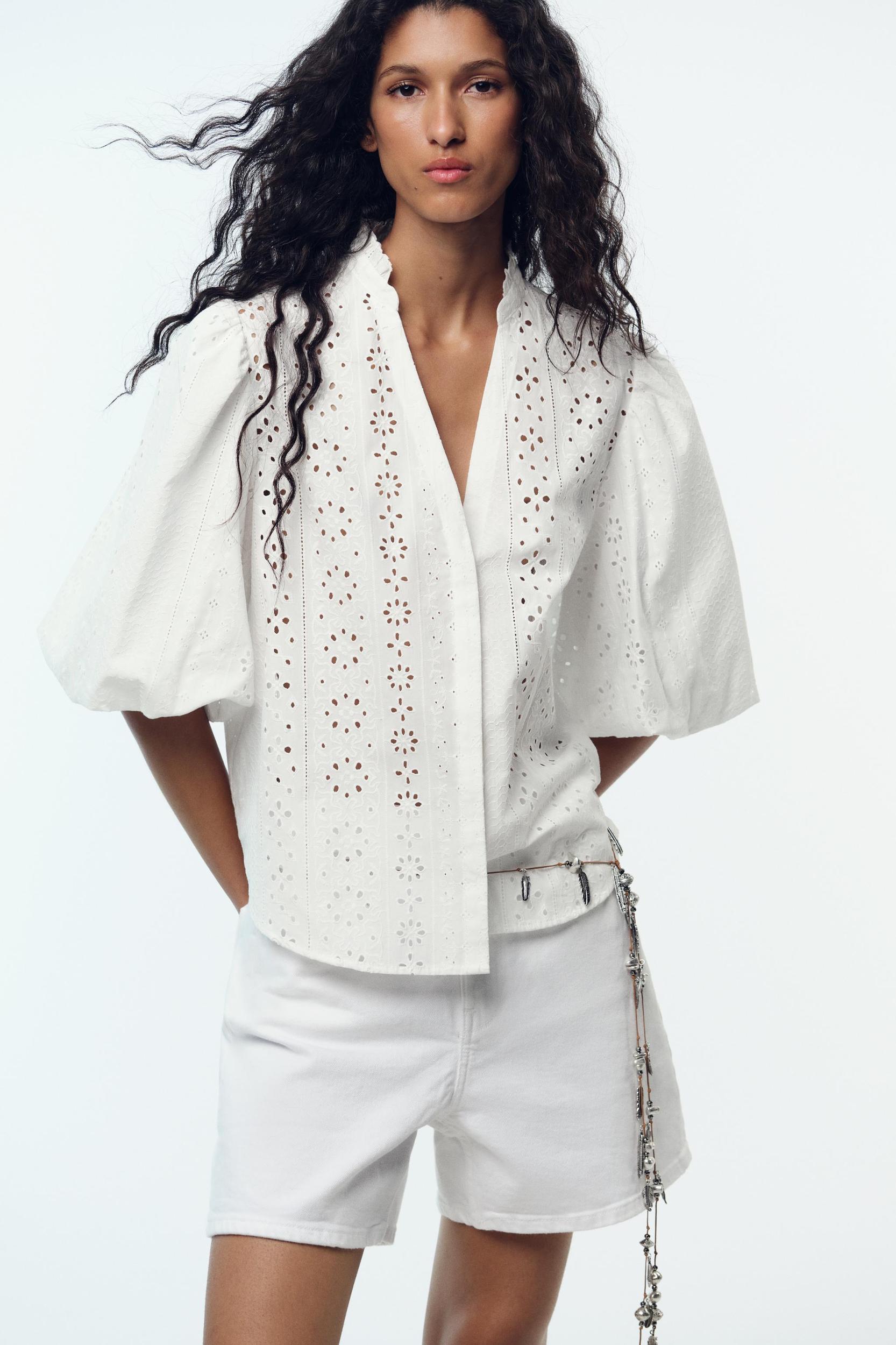 PUFF SLEEVE SHIRT WITH PERFORATED EMBROIDERY Product Image