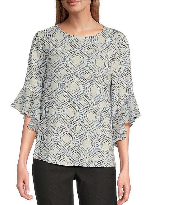 Multiples Slub Knit Georgette Block Multi Scoop Neck 3/4 Flounce Sleeve Fitted Top Product Image