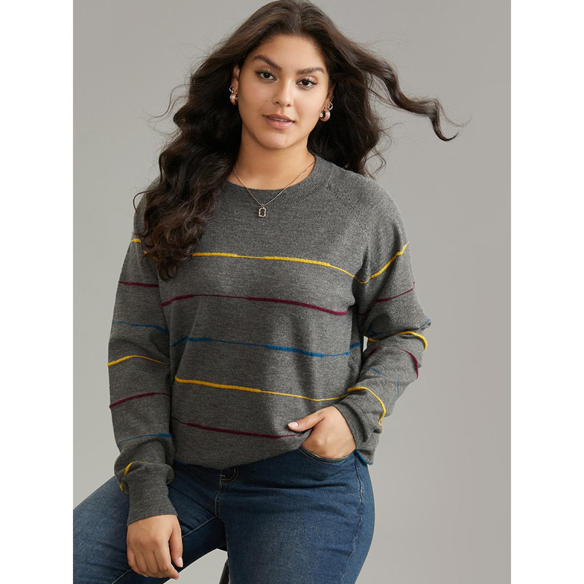 Plus Size Anti-Pilling Contrast Pinstripe Raglan Sleeve Pullover DimGray Women Casual Loose Long Sleeve Round Neck Dailywear Pullovers BloomChic 12/L Product Image