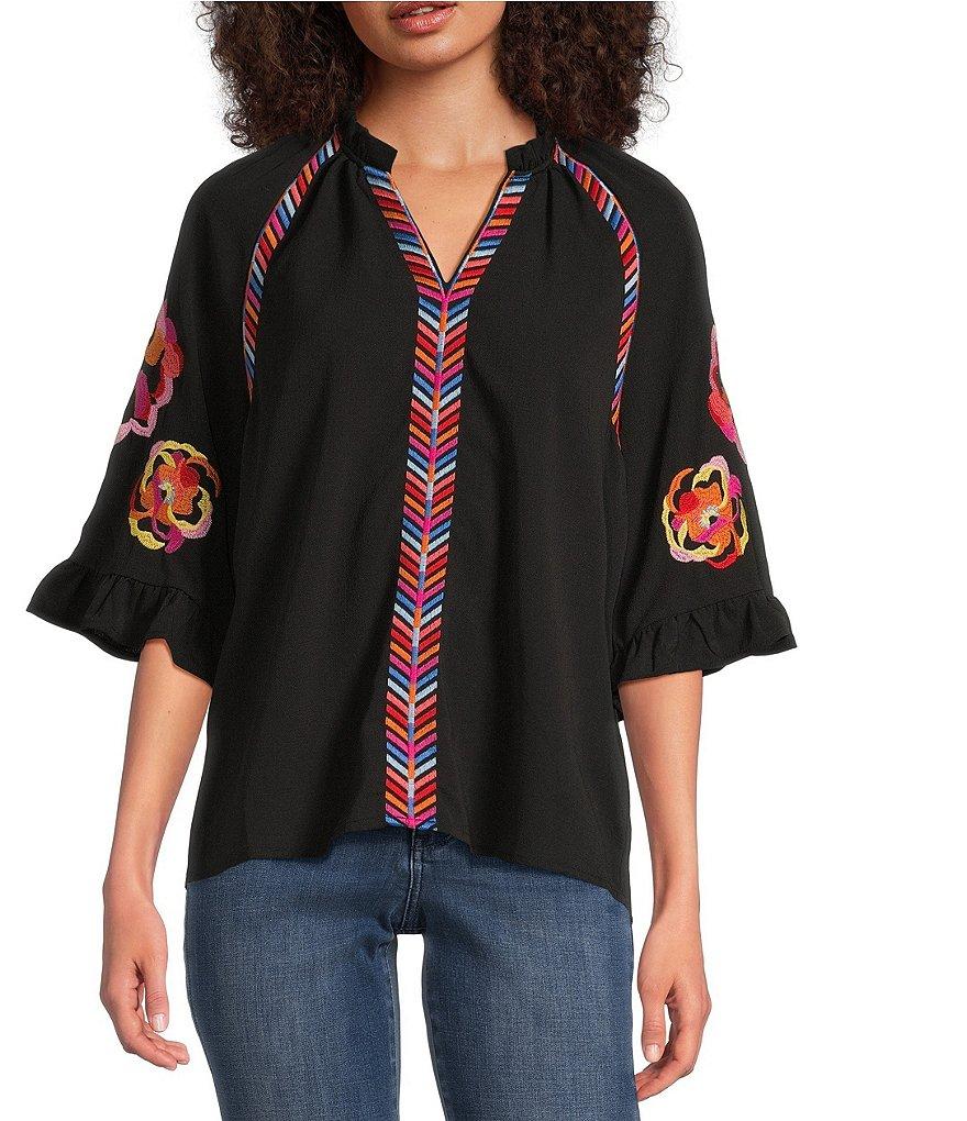 Calessa Petite Size Embroidered Patchwork Ruffle Split V-Neck 3/4 Sleeve Tunic Product Image