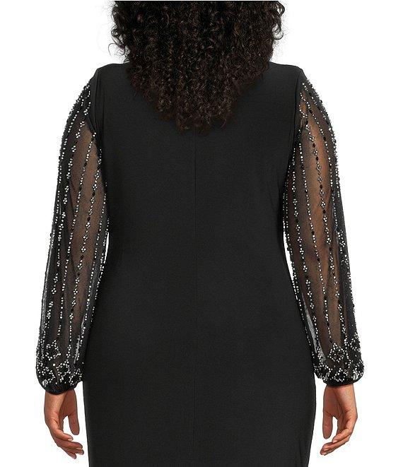 Marina Plus Size Boat Neck Long Beaded Sleeve Elastic Cuff Back Slit Matte Jersey Gown Product Image