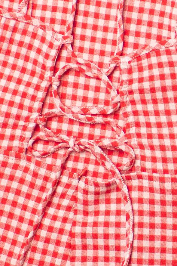 Red Gingham Lace Up Back Mini Dress Product Image