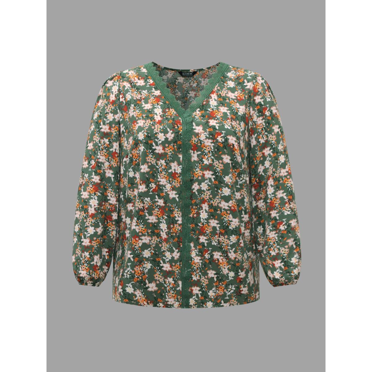 Plus Size Sage Floral Lace Panel Lantern Sleeve Blouse Women Elegant Long Sleeve V-neck Everyday Blouses BloomChic 10/M Product Image